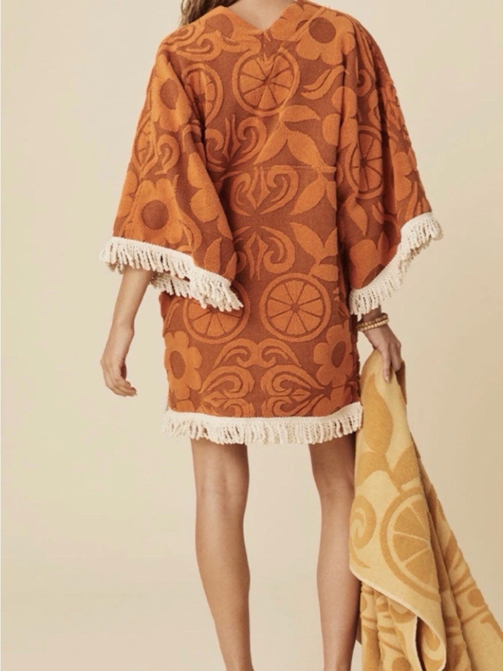 Free People Spell Pomelia Terry Throw Over Fringe Embroider Floral Sun Orange - Picture 2 of 8